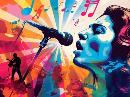 איור צבעוני של זמרת מול מיקרופון