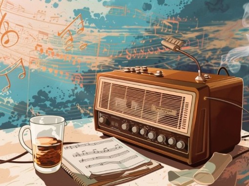 אילוסטרציה רדיו טרנזיסטור ודפי תווים